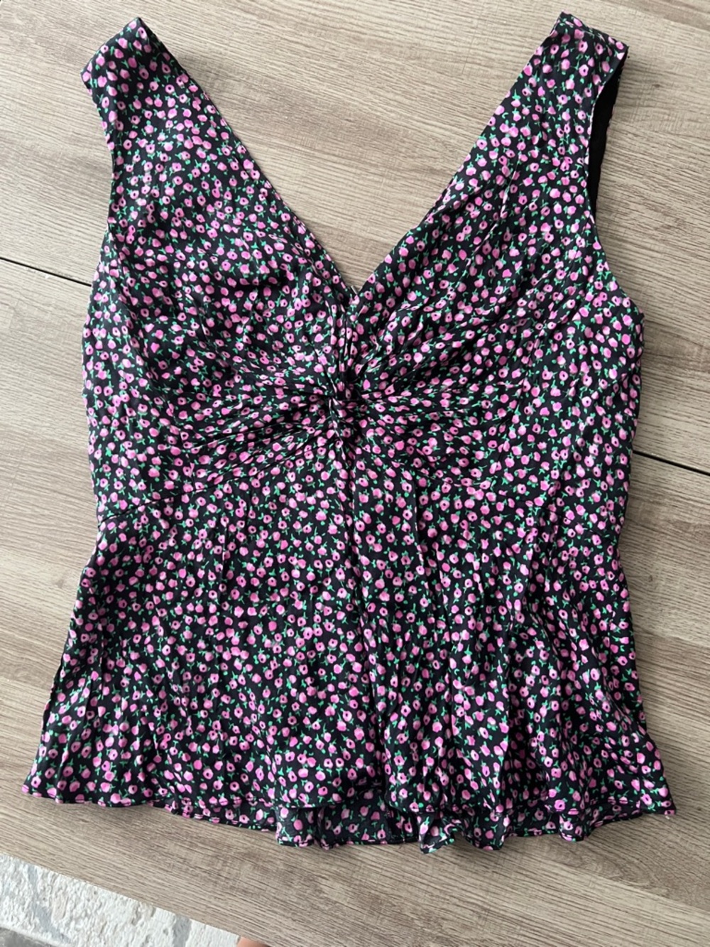 Rebecca Taylor SilkFloral Twist-Front V-Neck Womens Top in Black and Pink
